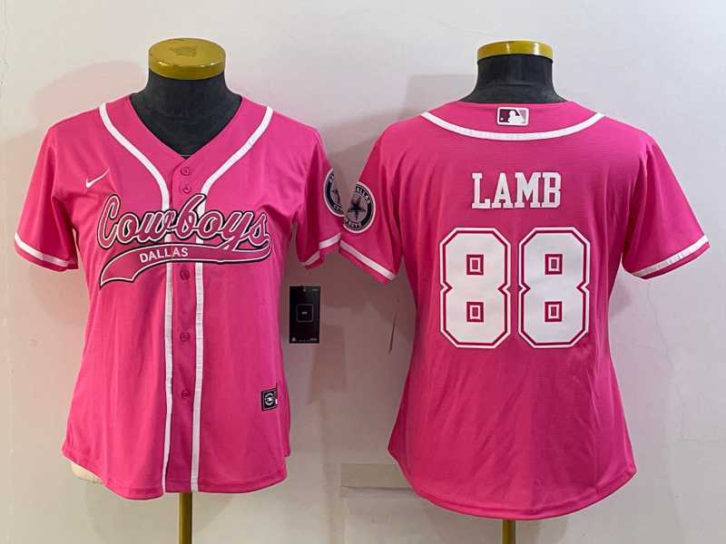 Women%27s Dallas Cowboys #88 CeeDee Lamb Pink With Patch Cool Base Stitched Baseball Jersey